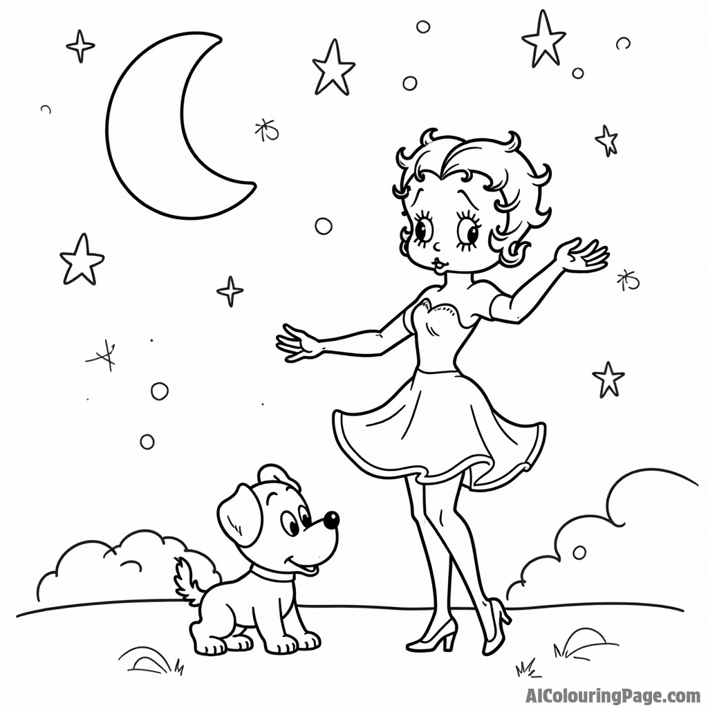 Betty Boop dancing with a playful puppy under sparkling stars and a crescent moon in a whimsical night sky scene