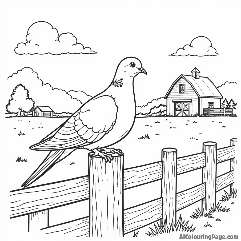 A dove sitting on a fence post, with a farm and barn in the background, creating a rural scene for coloring.