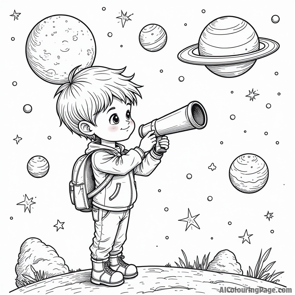 A young boy dreaming of space, surrounded by planets and stars, with a telescope, symbolizing aspirations and achievements, beautifully illustrated for a black and white coloring page.