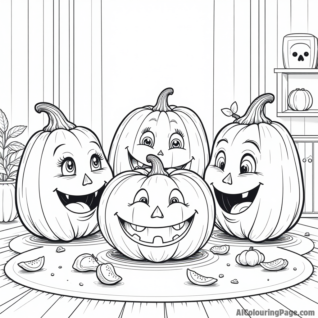 A joyful pumpkin carving party with vegetables designing funny faces and sharing laughs in a cozy room.