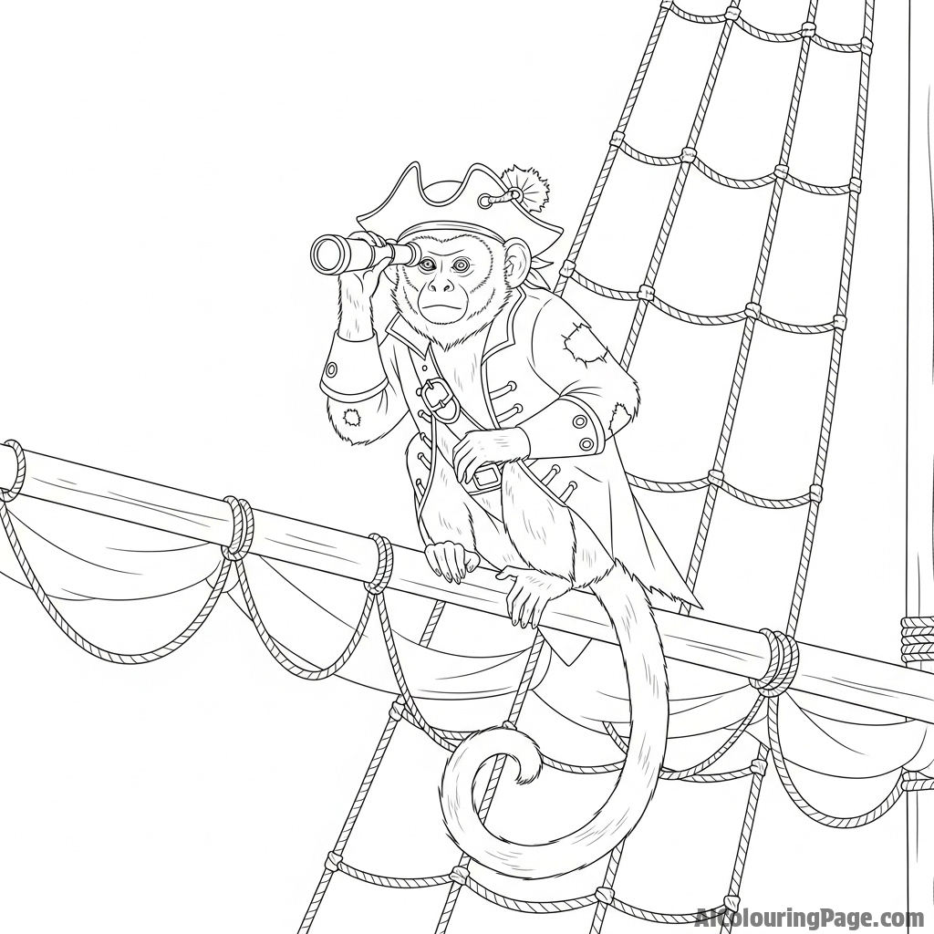 A capuchin monkey as a pirate captain on a ship's rigging.