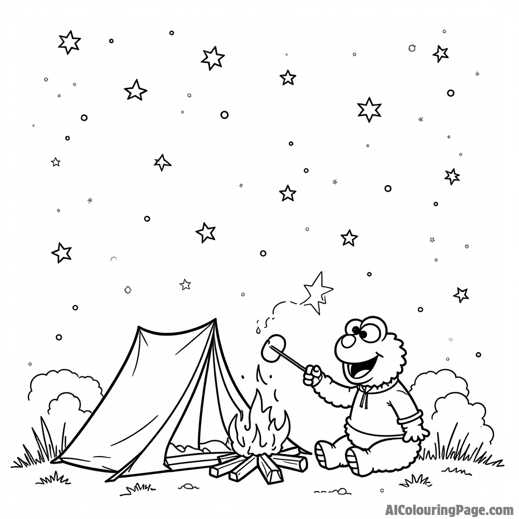 A Muppet baby camping under the stars, with a tent, campfire, and marshmallows roasting on sticks in the glow.