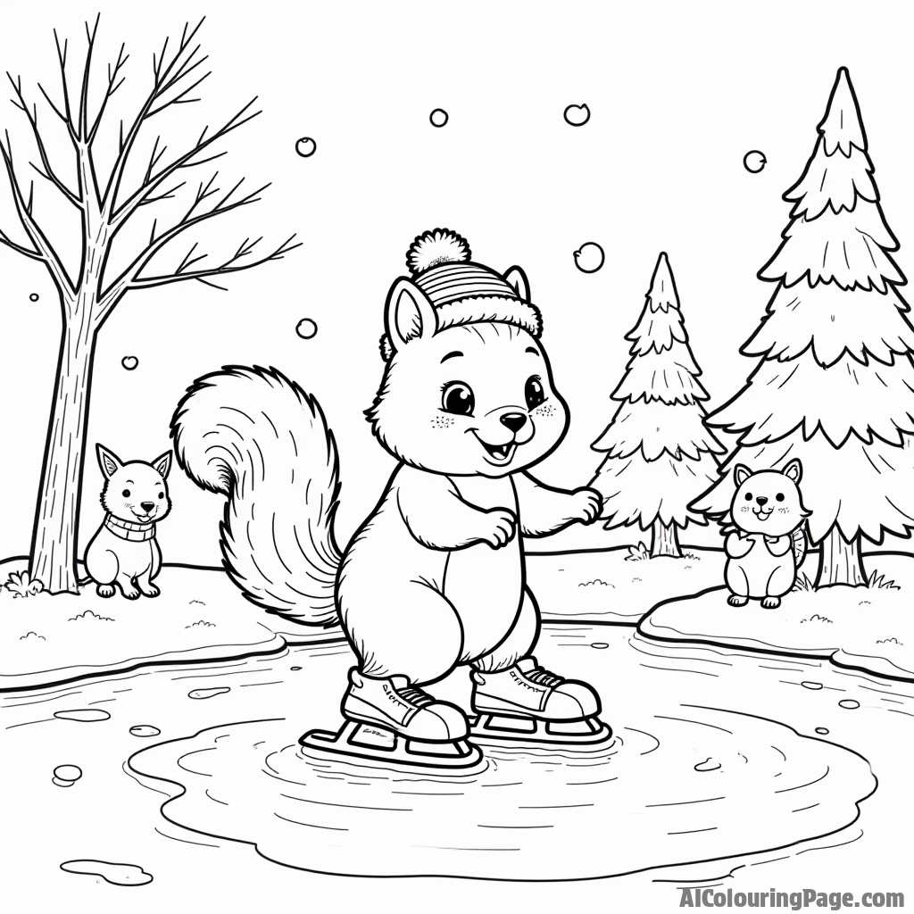 A cute squirrel ice skating on a frozen pond, wearing a tiny hat, with snow-covered trees and playful winter animals watching, making a delightful scene for children to color and enjoy.