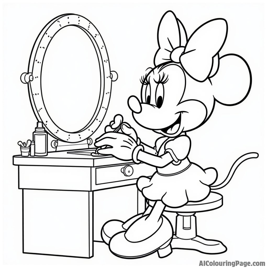 Minnie Mouse painting her nails, sitting at a vanity with beauty products and a mirror reflecting her smile.