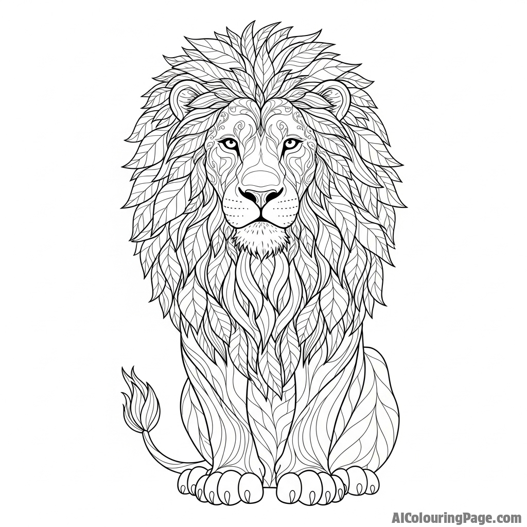 A regal lion with a mane that appears to be made of dry, swirling leaves.