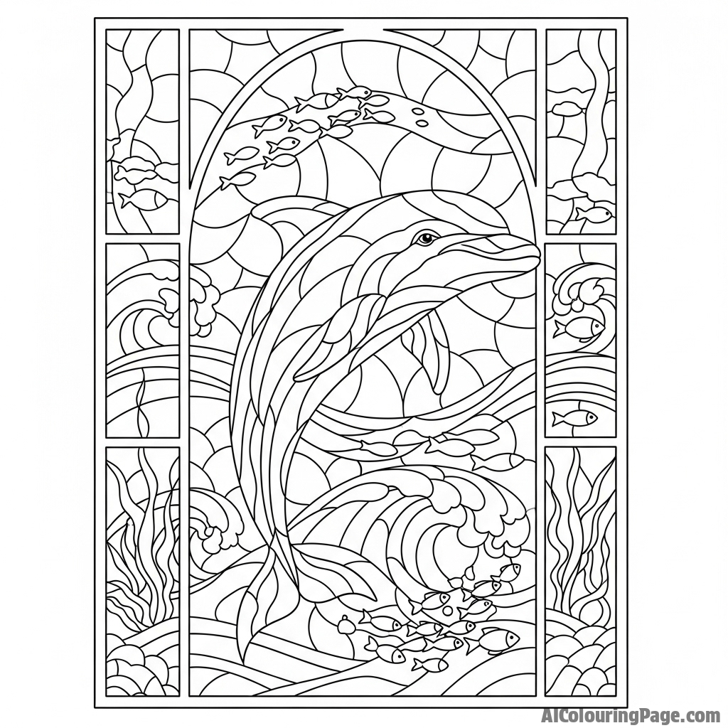 A stained-glass window design featuring a powerful dolphin surrounded by aquatic motifs.