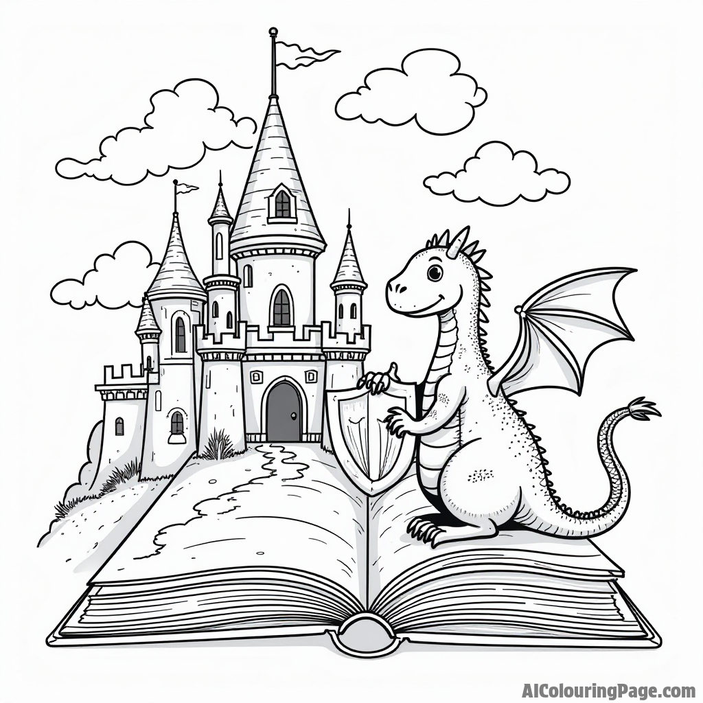 A whimsical fairy tale book opened to reveal a castle, a dragon, and a knight, inspiring children to create stories.