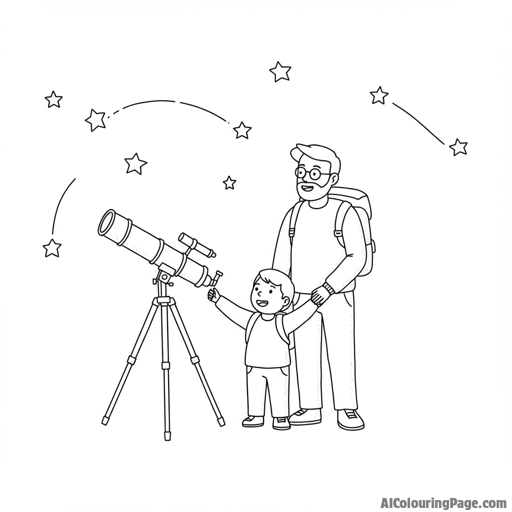 Father and child stargazing, telescope visible.