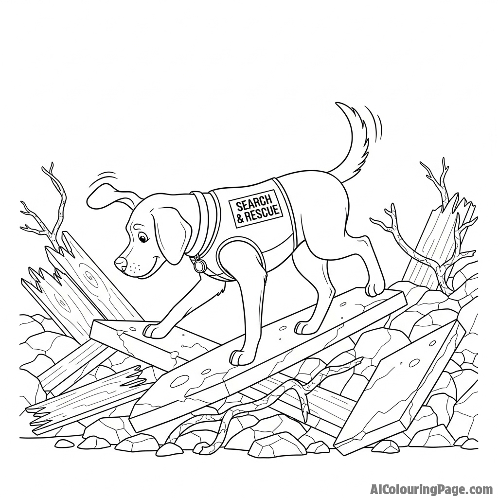 A search and rescue dog navigating a pile of rubble.