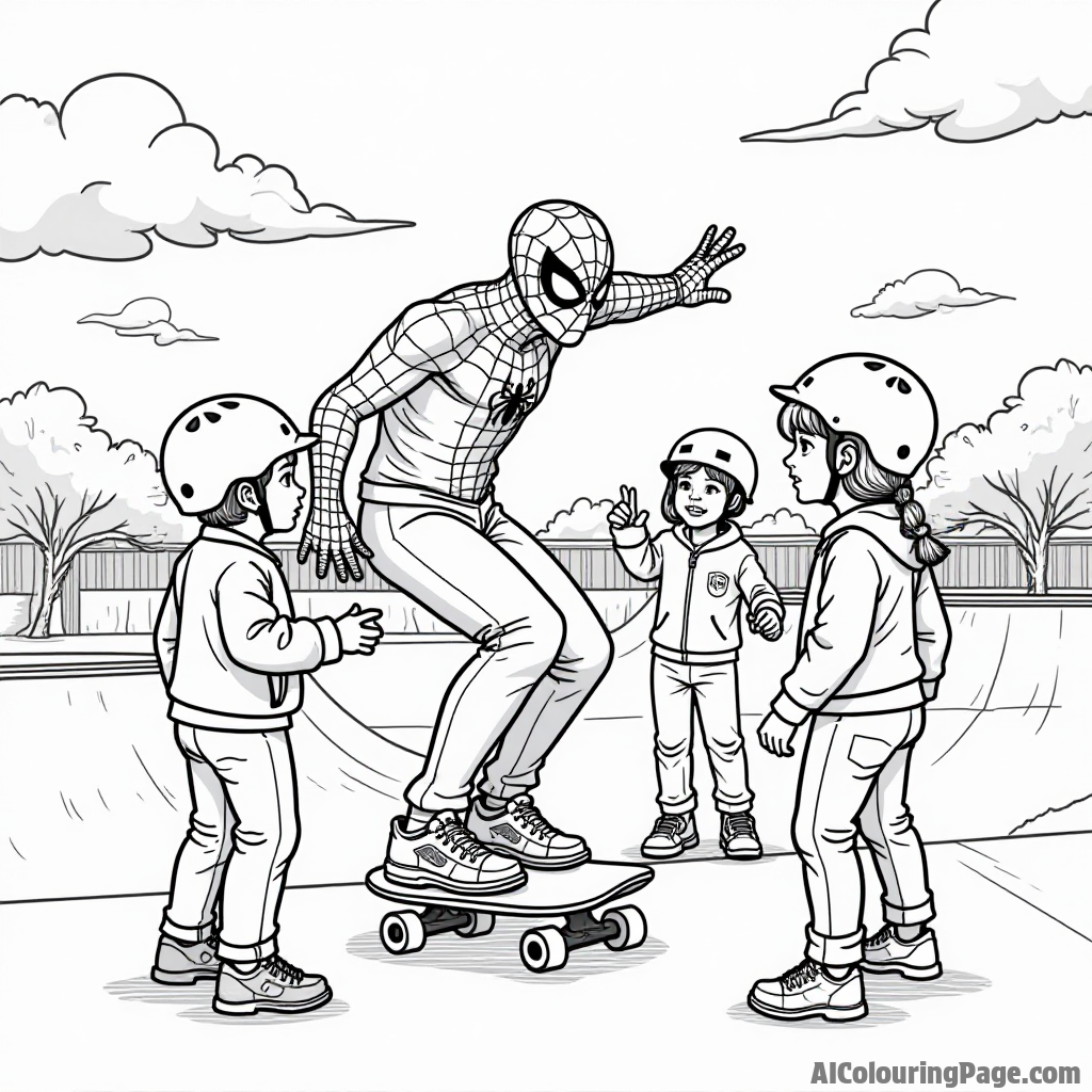 Spiderman teaching children to skateboard at a skate park, everyone wearing helmets, excitement in the air