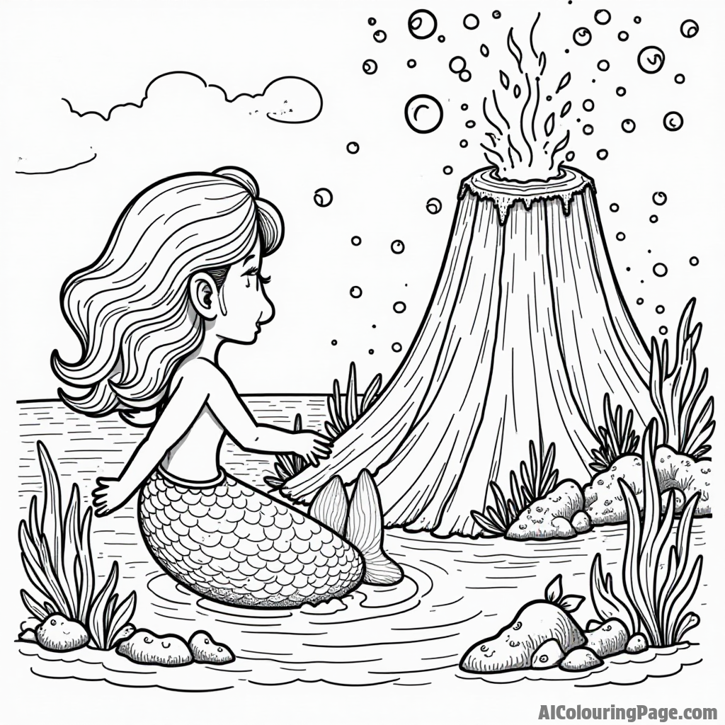 A mermaid discovering an underwater volcano, with colorful lava bubbles and playful fish swimming nearby.