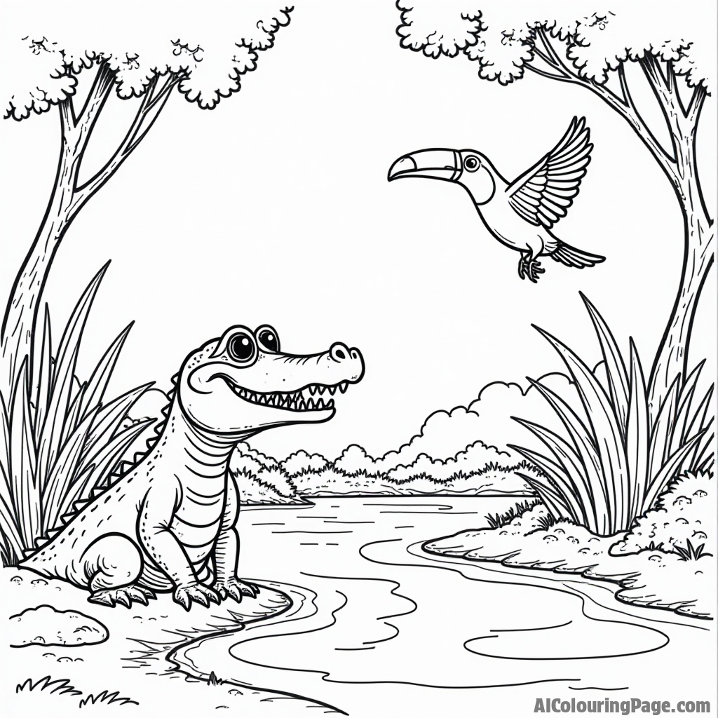 A mischievous crocodile peeking out from a muddy riverbank while a colorful toucan flies overhead, creating a playful jungle scene for children to color and explore their adventurous side.