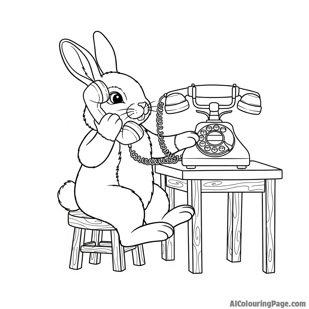 An anachronistic scene of a bunny using a vintage rotary telephone.