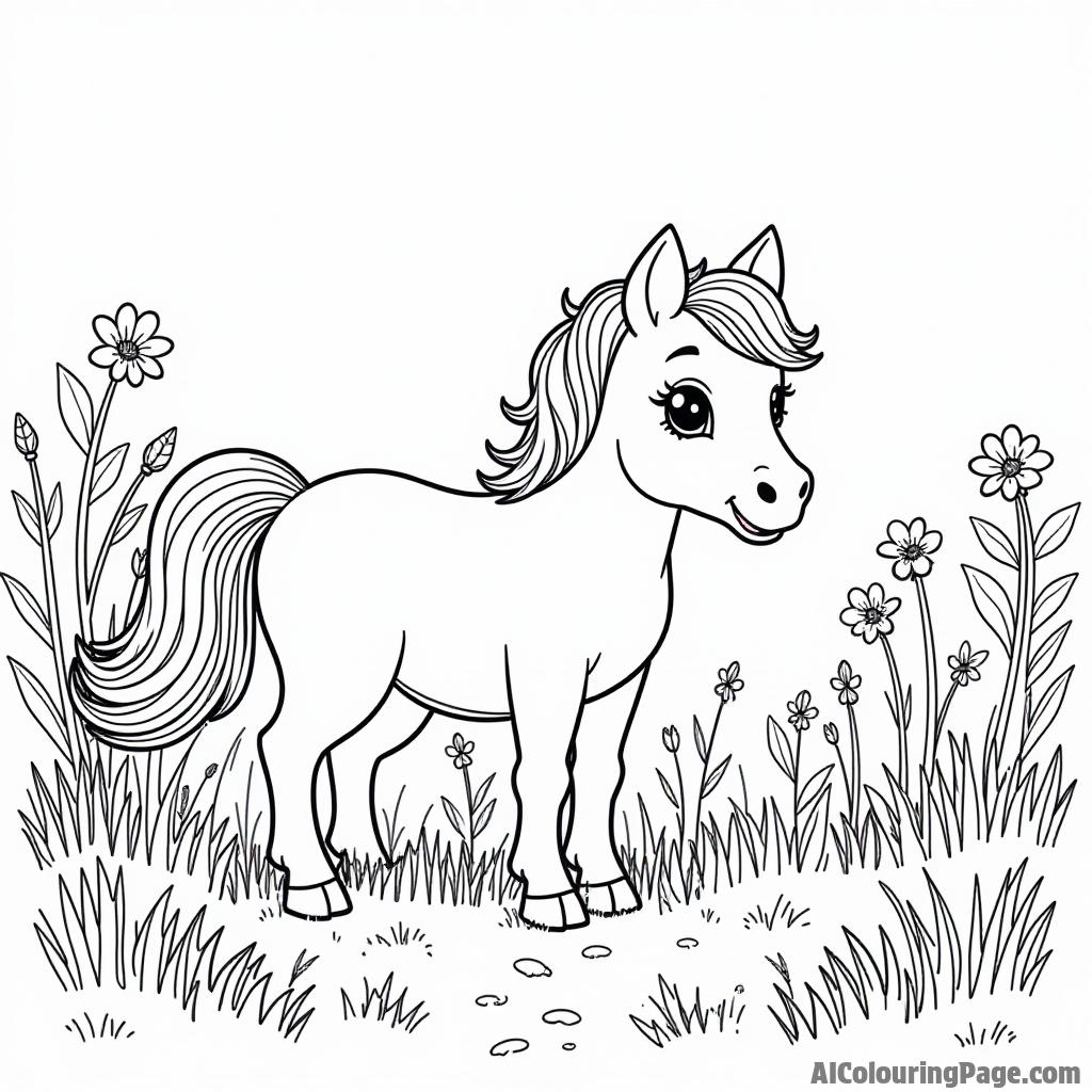 A pony playing hide and seek with its friends in a vibrant meadow filled with flowers and tall grass.