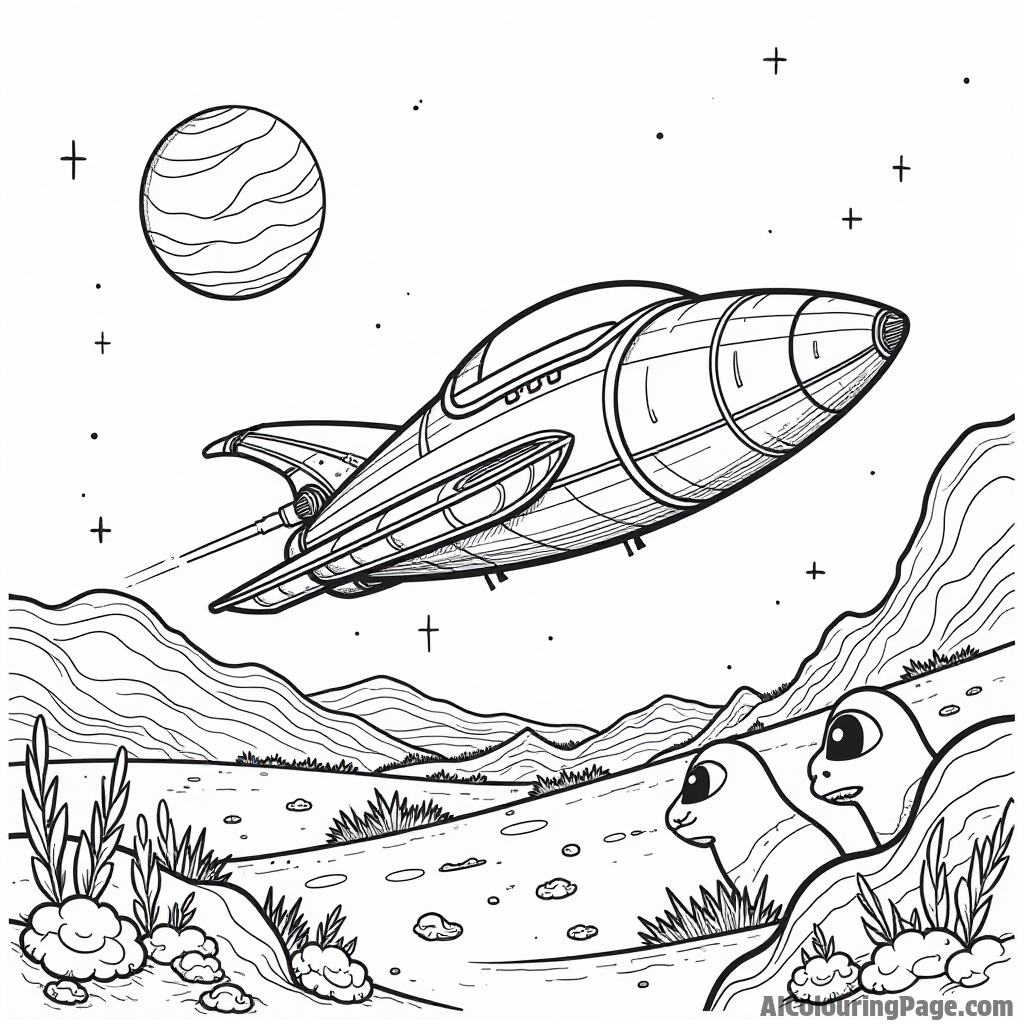 An alien spaceship crash-landing on a vibrant planet with curious creatures watching, perfect for adventurous kids to color.