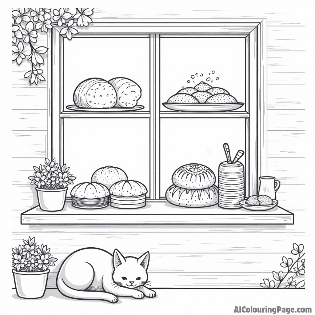 A cozy bakery scene with a window display of freshly baked bread, a cute cat lounging on the counter.