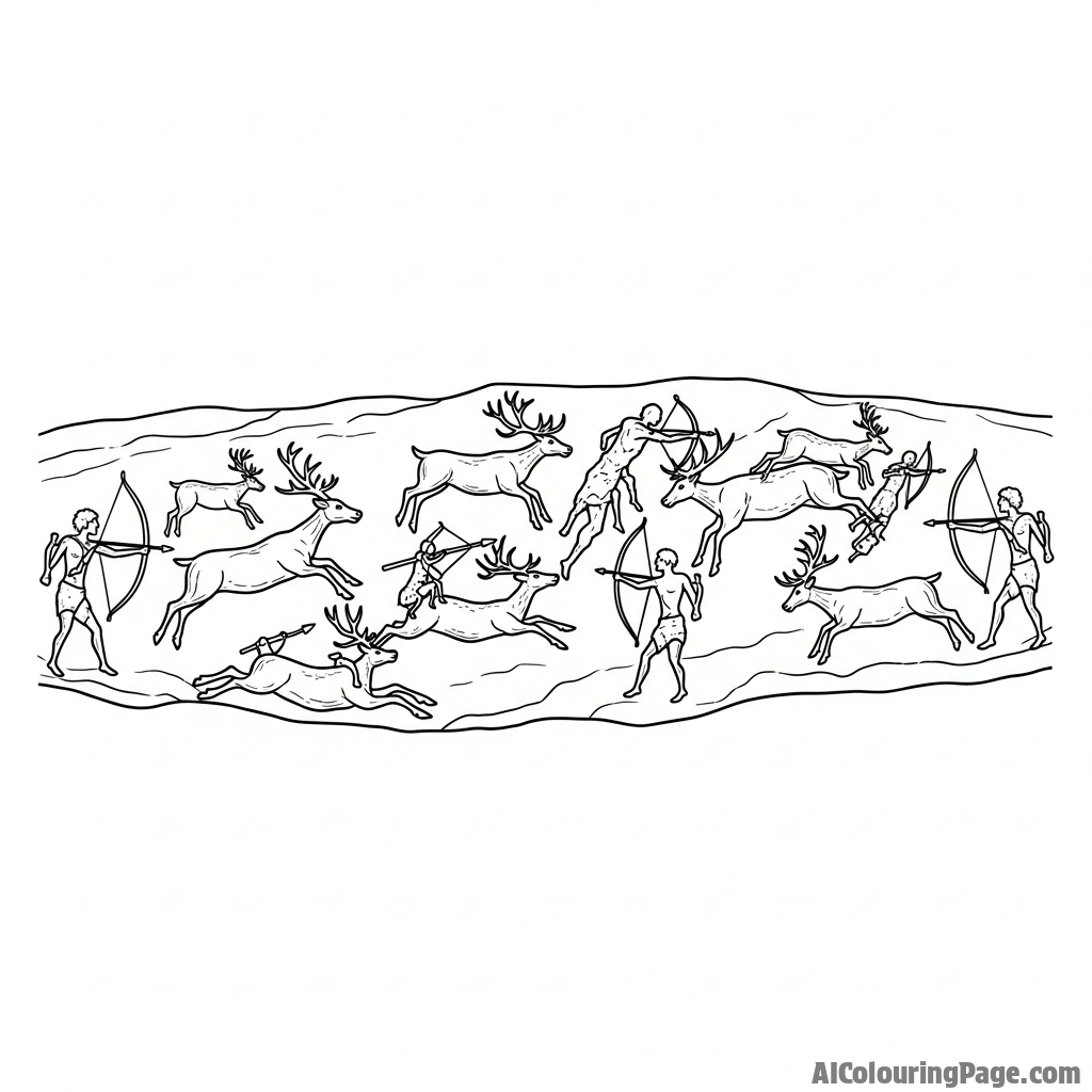 An ancient cave painting depicting a deer hunt with primitive figures.