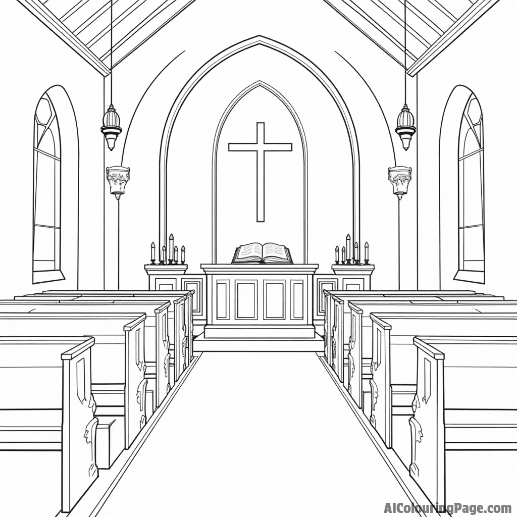 A cozy church interior with wooden pews, an open Bible on a lectern, and candles softly illuminating the space.