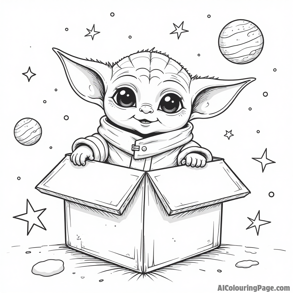 Baby Yoda playing in a cardboard box spaceship with stars and planets drawn around