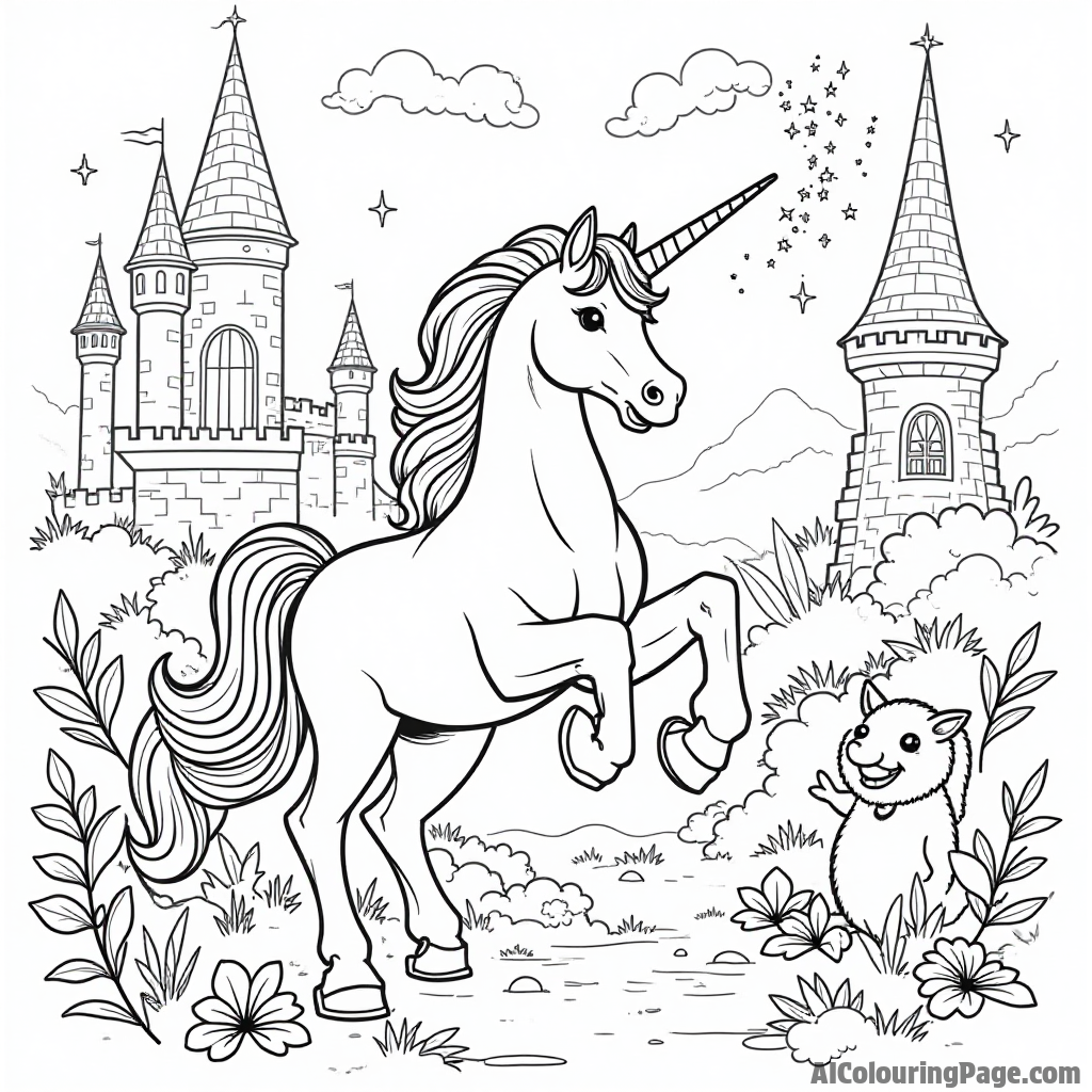 A unicorn with a magical wand casting spells in a fairy tale castle, surrounded by enchanted creatures to color delightfully.