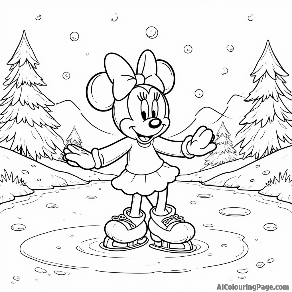 Minnie Mouse in a winter wonderland, ice skating on a frozen pond, with pine trees and snow-covered hills surrounding her