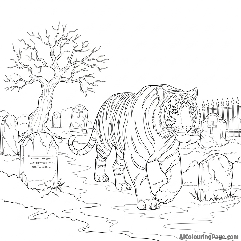 A spectral, translucent tiger prowling through a foggy graveyard.