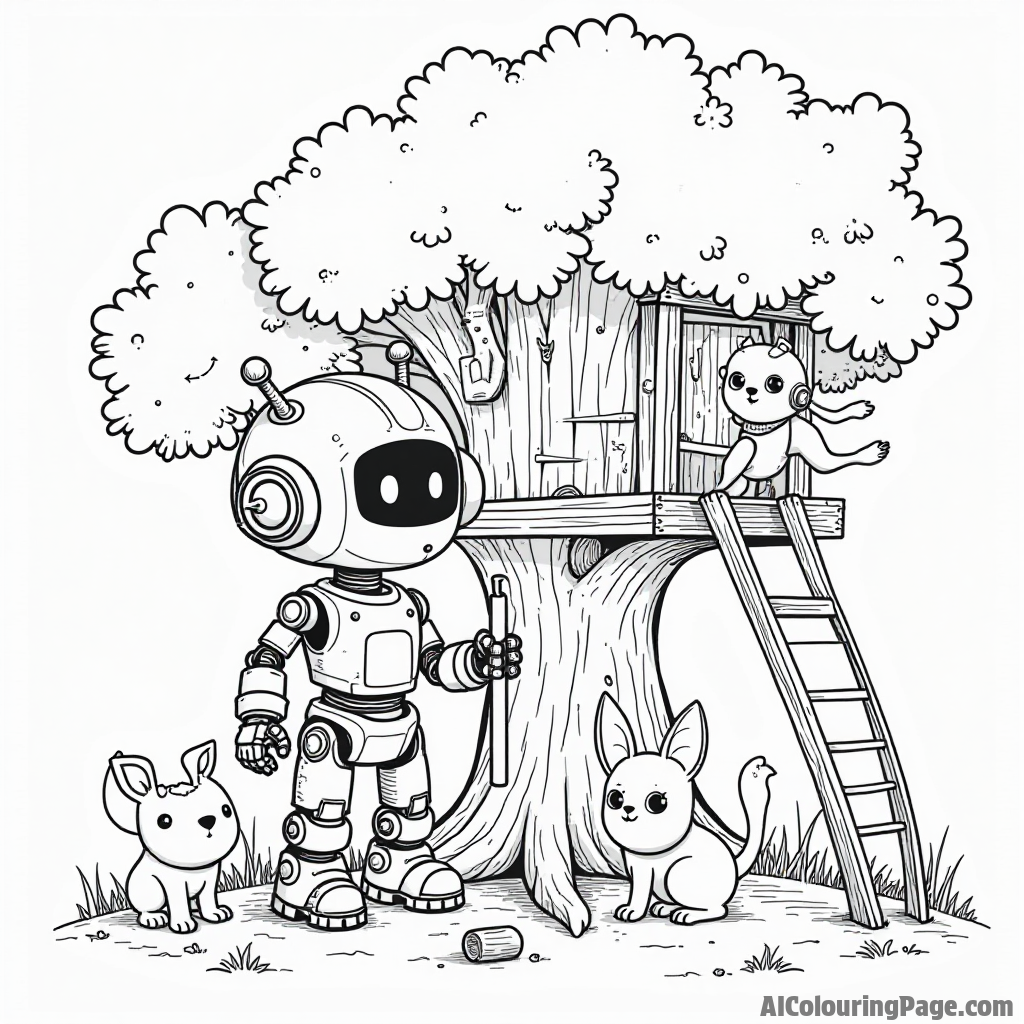 A cute robot and a young boy working together to build a treehouse, surrounded by friendly animals and tools scattered around.