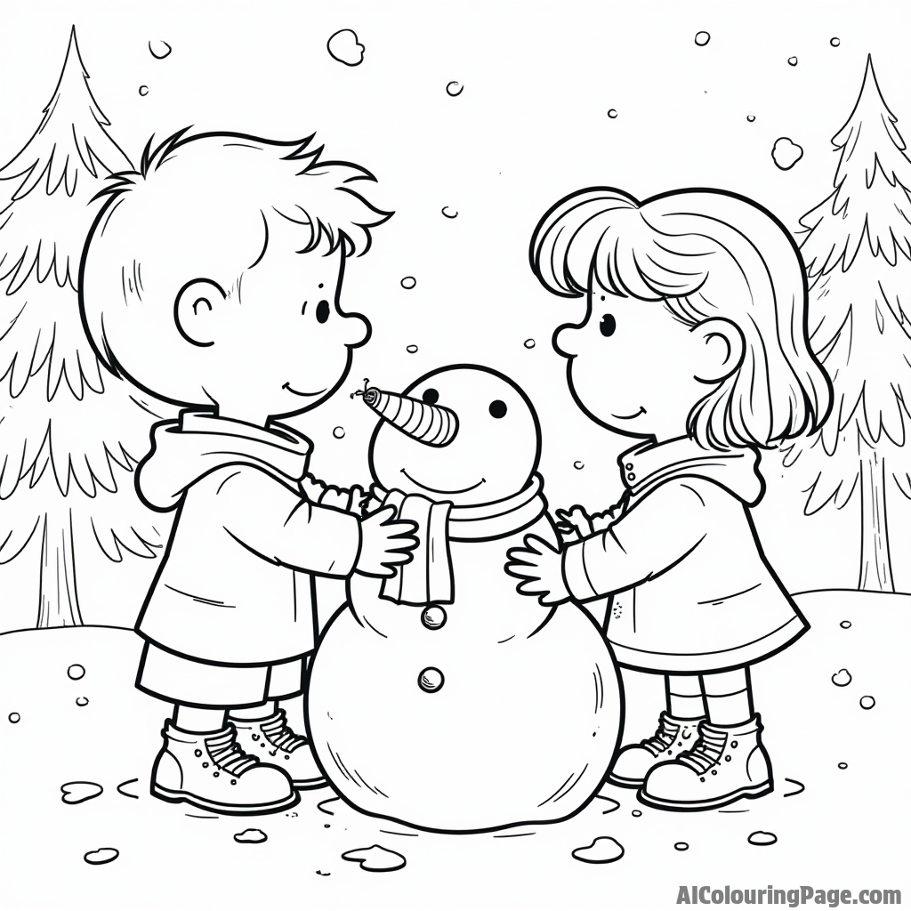 Linus and Sally building a snowman together with a carrot nose and a scarf in a winter wonderland scene