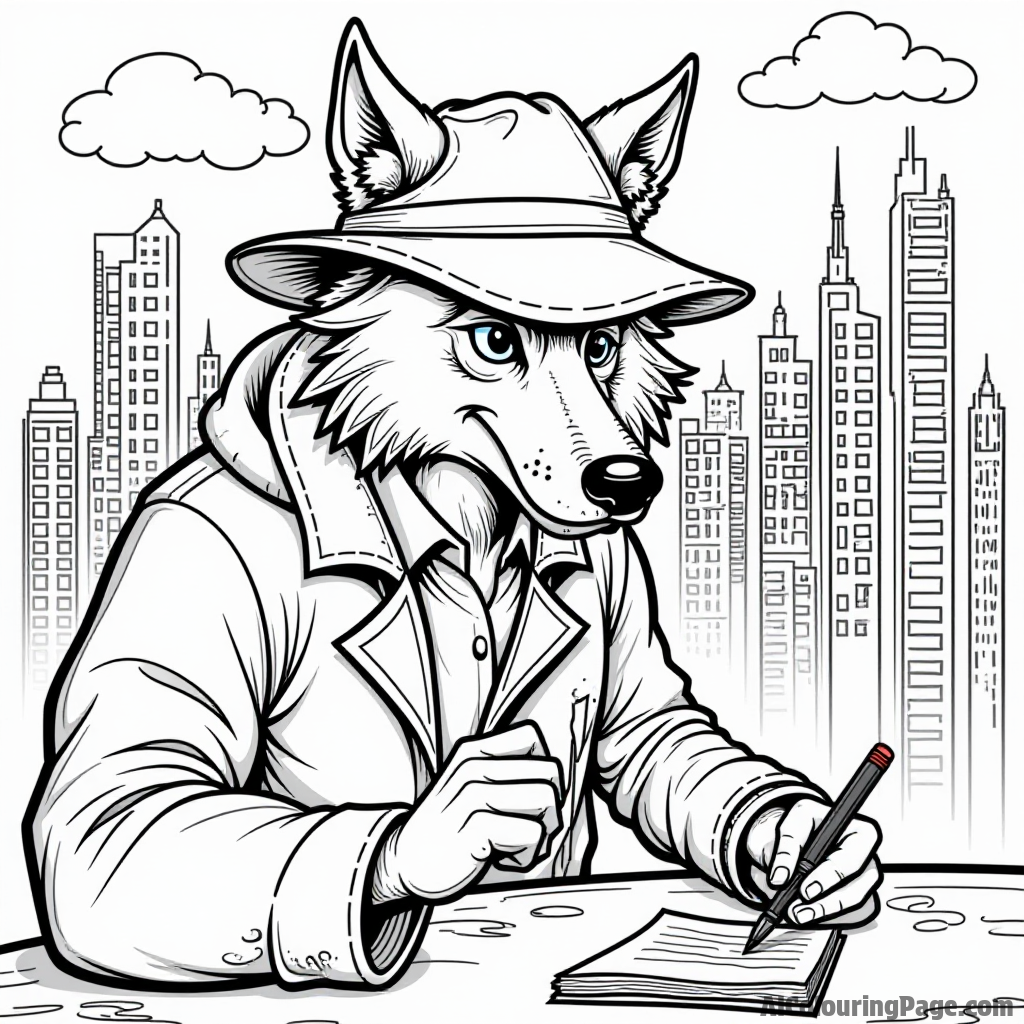 A werewolf detective solving a mystery with a magnifying glass, clues, and a notepad in a bustling city.