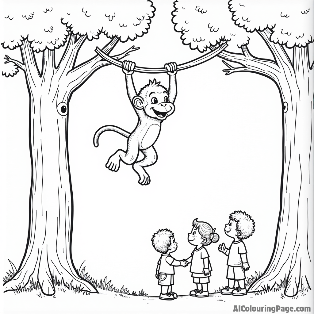 A playful monkey swinging from tree branches while a group of children watches in awe from below