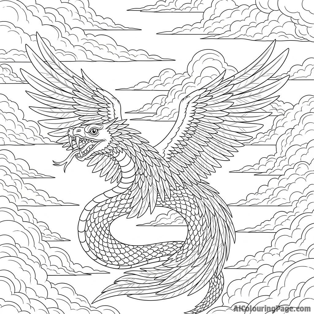 The feathered serpent Quetzalcoatl, flying through a sky of dramatic clouds.