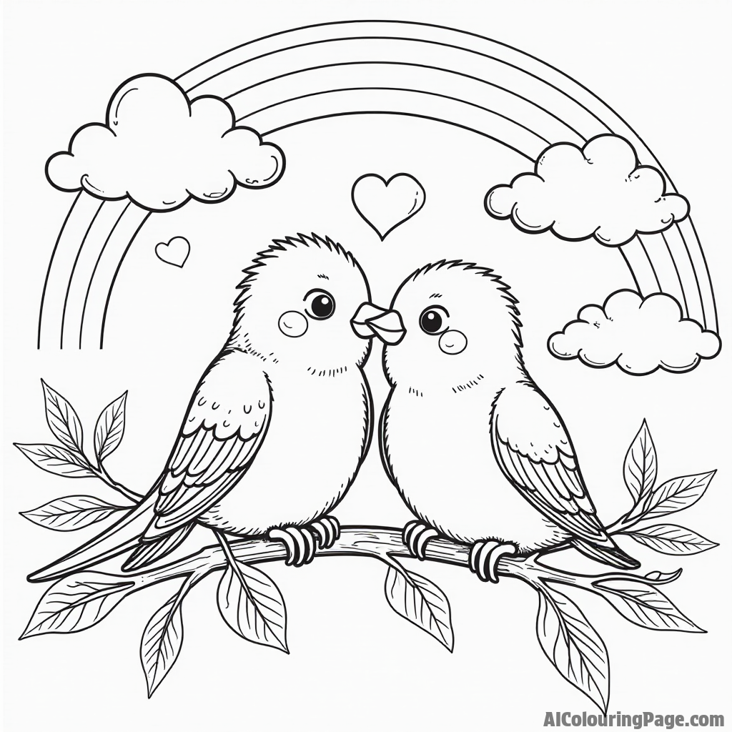 A lovebird couple sitting on a branch with heart-shaped clouds and a rainbow in the background for Valentine’s Day