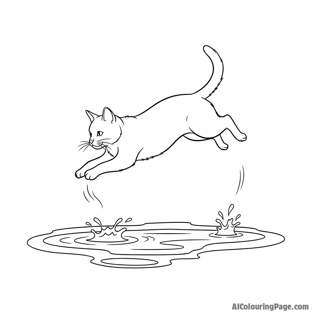 A cat jumping gracefully over a puddle.