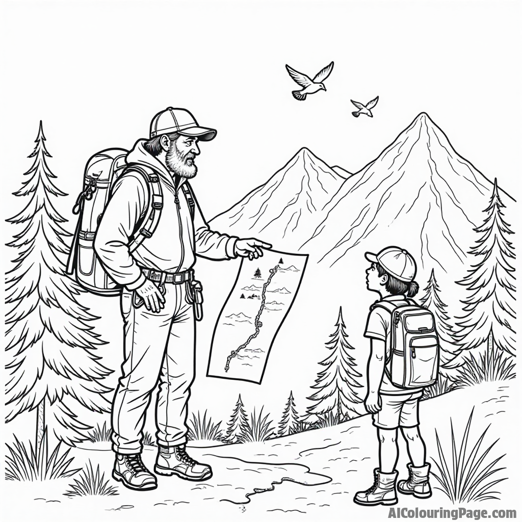 A wise old mountain guide pointing out a trail map to young climbers, with beautiful mountains in the background and birds flying above, encouraging creativity in black and white.