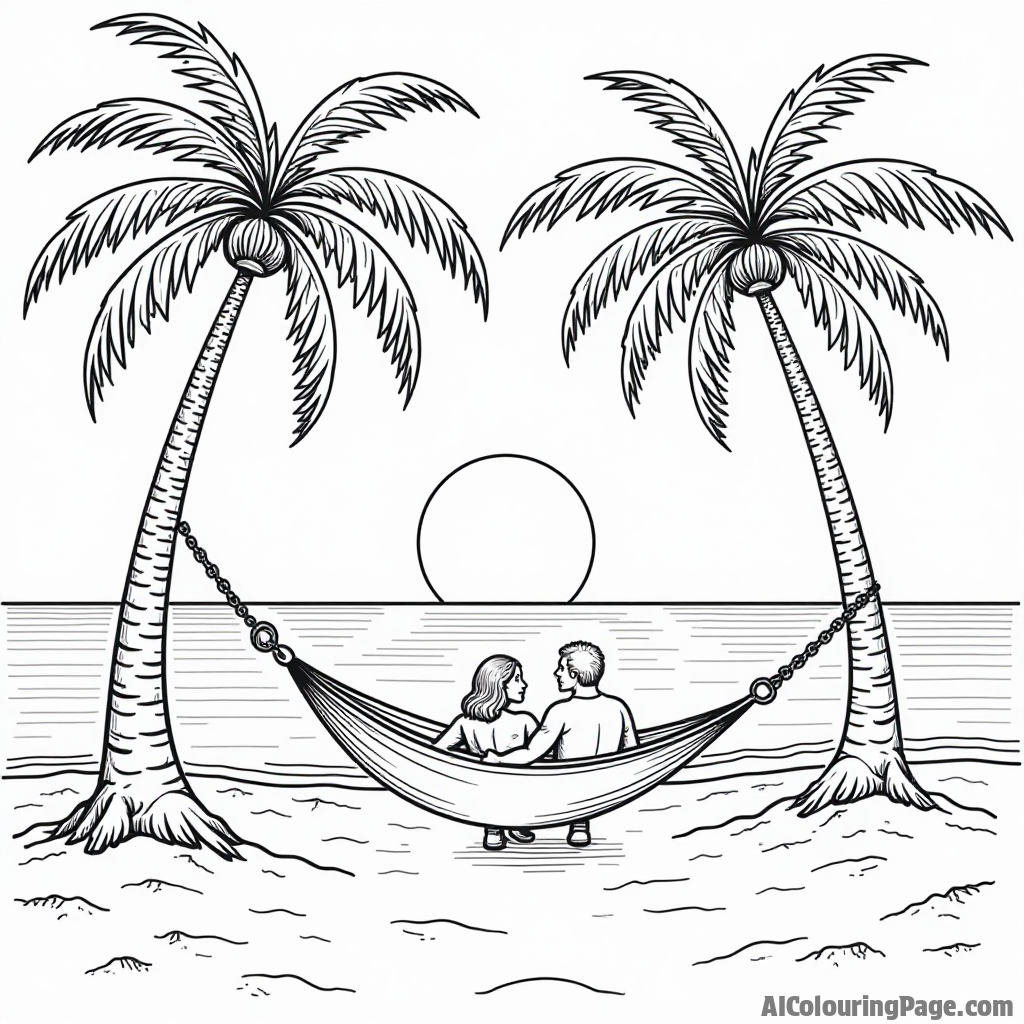 A beach scene at sunset showcasing palm trees, a hammock between two trees, and a couple enjoying the view.