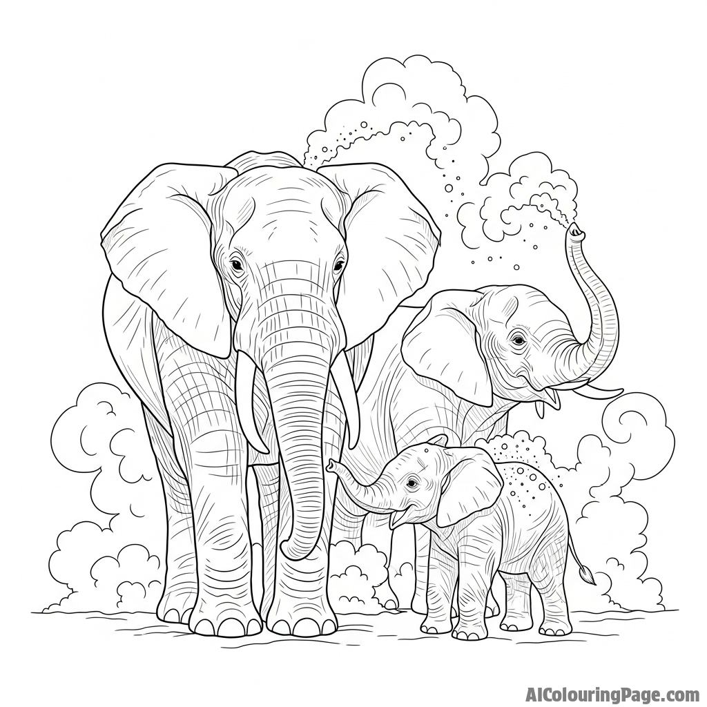 A family of elephants taking a dust bath, throwing dirt over themselves.