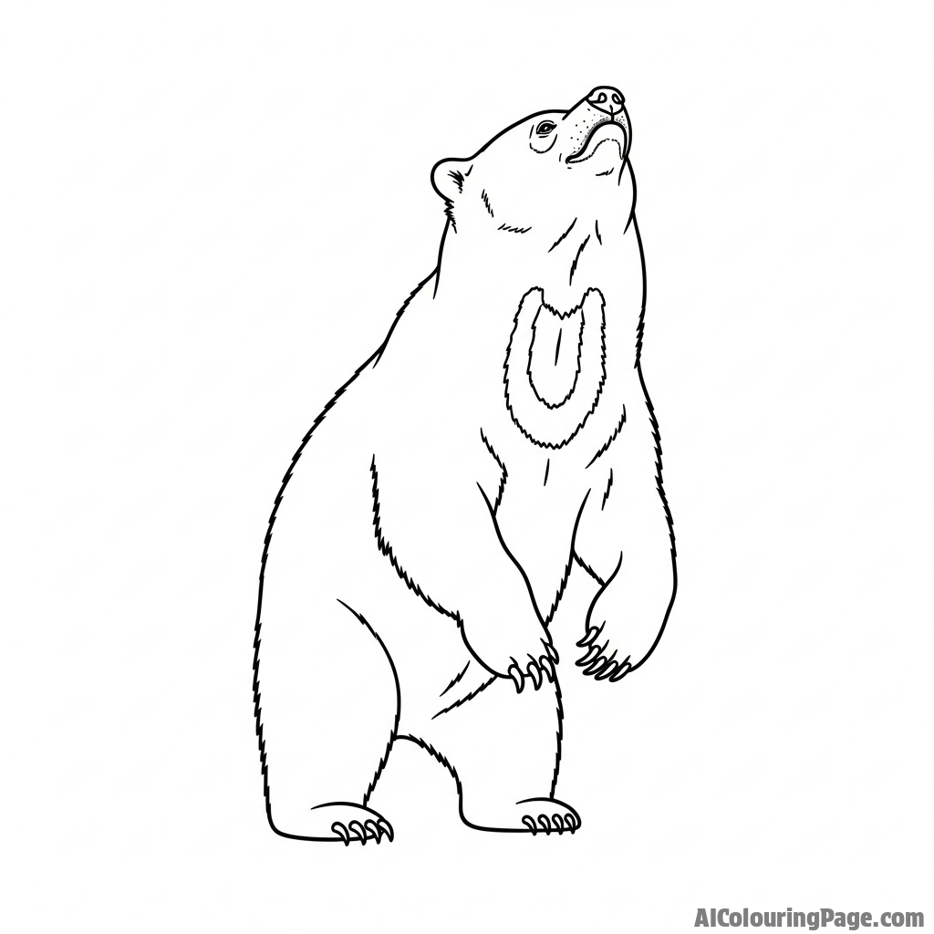 A sun bear with its distinctive chest marking, looking up at the sky.