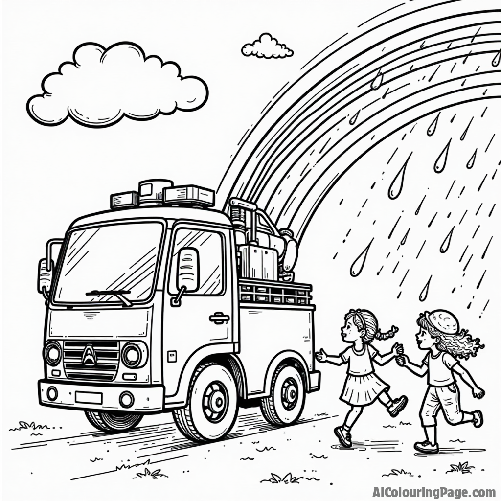 A fire truck with a rainbow of colors shooting out of a hose while children dance in the rain, designed for vibrant creativity in a black and white coloring page.