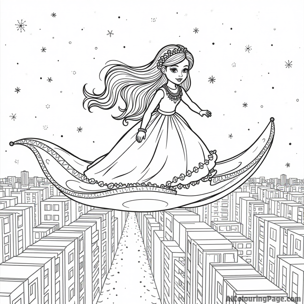 A doll on a magical carpet ride over a city, with a skyline filled with tall buildings and twinkling lights below.