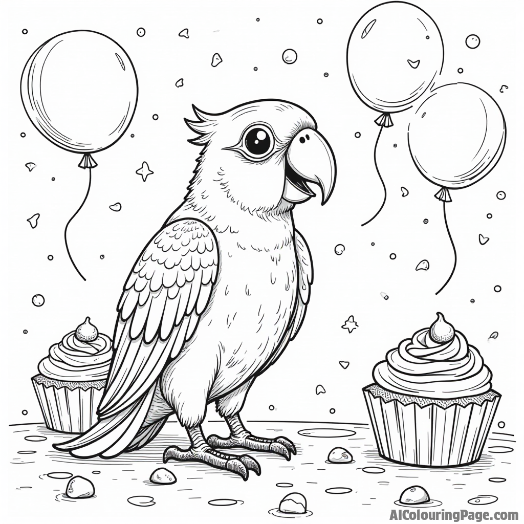 A parrot surrounded by balloons and confetti at a cheerful birthday party scene with cupcakes and gifts