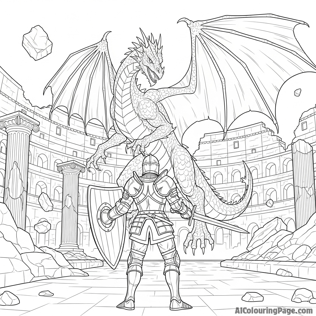 A knight in polished armor facing a colossal dragon in a crumbling coliseum.
