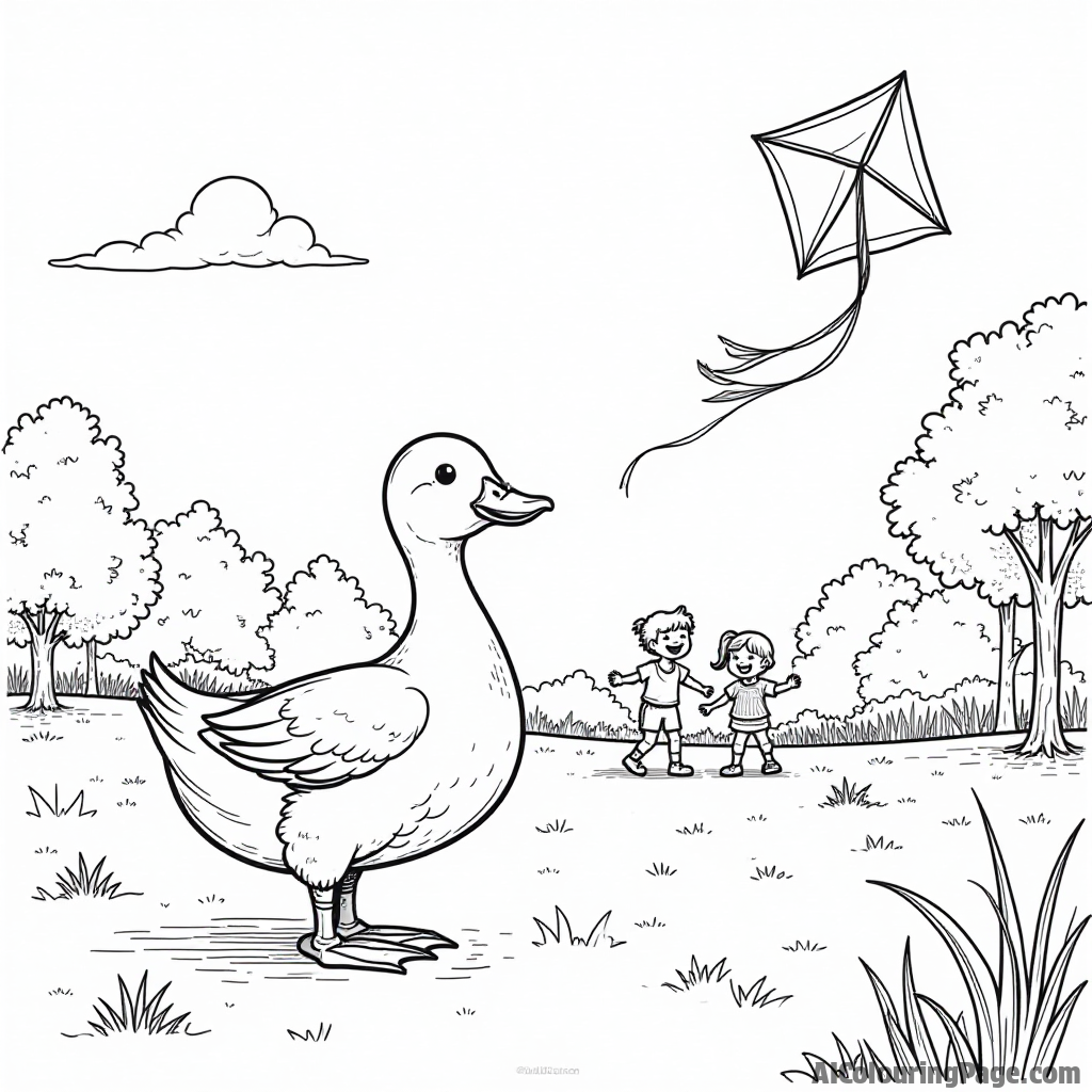 A duck flying a kite in a park filled with children laughing and playing on a sunny day.