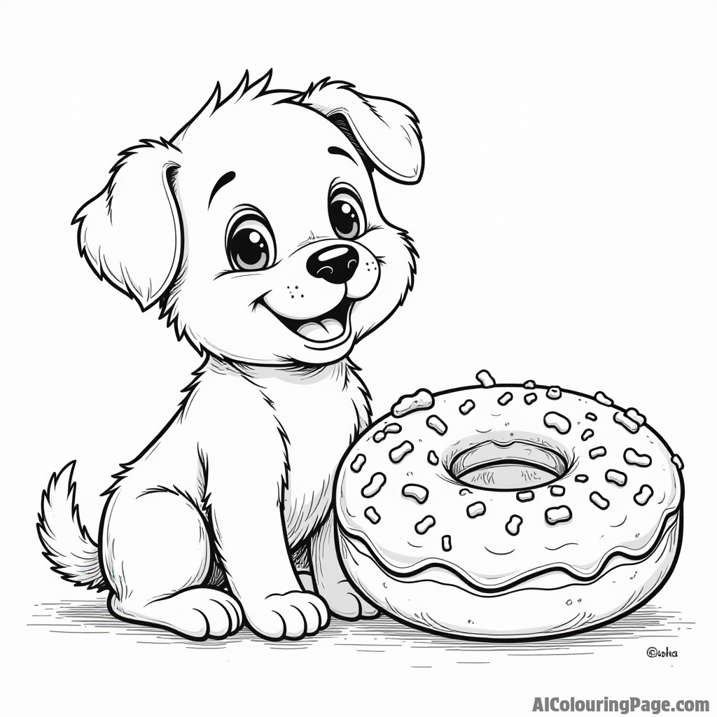 A playful puppy sitting next to a giant donut, surrounded by colorful icing and sprinkles, looking eager to eat.