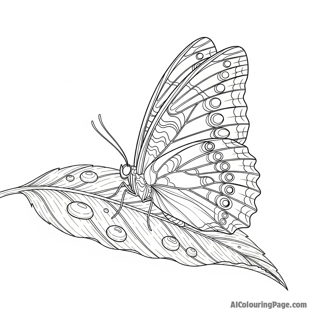 A single butterfly resting on a dew-covered leaf, intricate wing patterns visible