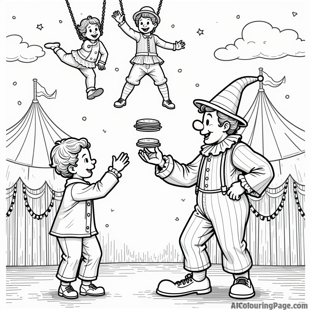 A circus scene with a clown juggling pancakes while acrobats perform above, creating a lively atmosphere