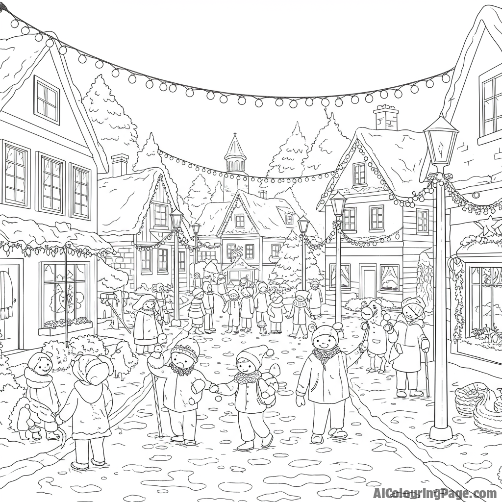 Snowy village street lined with twinkling lights, depicting joyful community gathering.