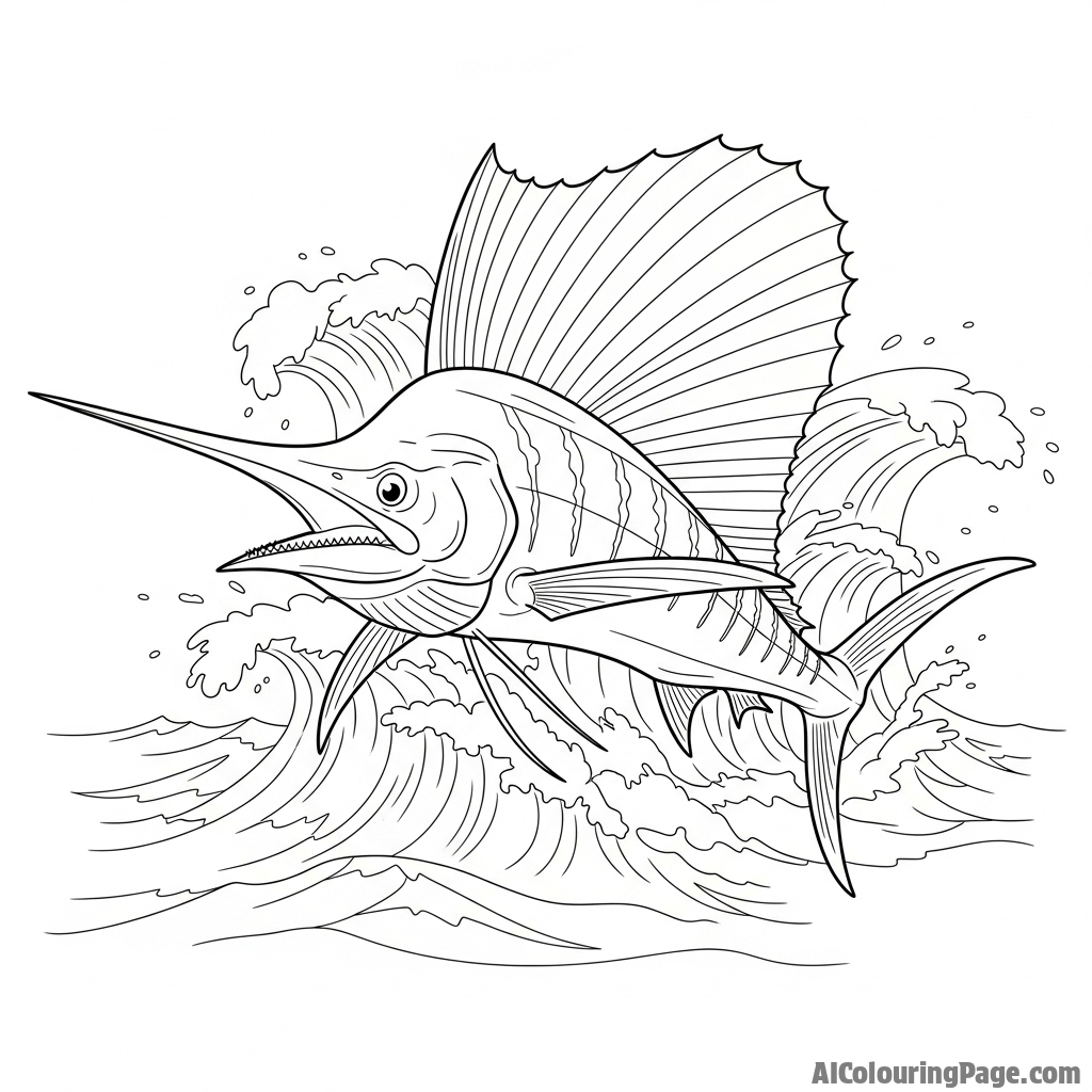 A majestic sailfish with its dorsal fin fully raised, cutting through the waves.