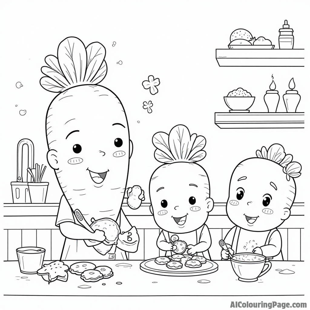 A cute carrot family baking cookies in a cozy kitchen, with flour, cookie cutters, and a delicious aroma filling the air.