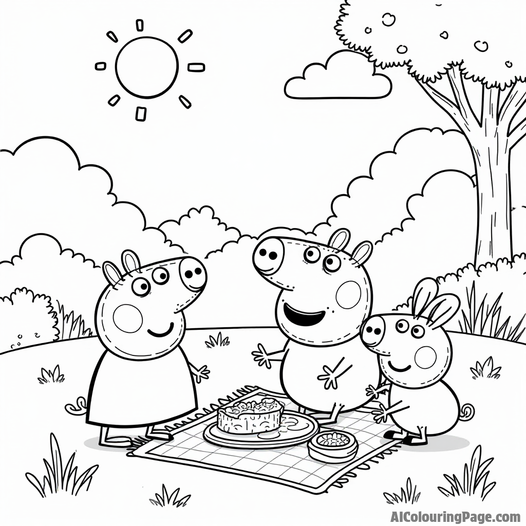 Peppa Pig, along with her friends Suzy Sheep and Rebecca Rabbit, having a picnic in the sunny green park.