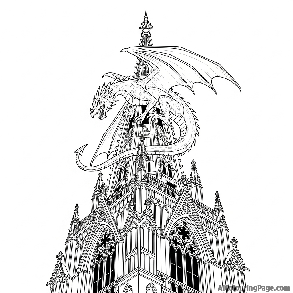 A low-angle shot looking up at a dragon perched on the spire of a gothic cathedral.
